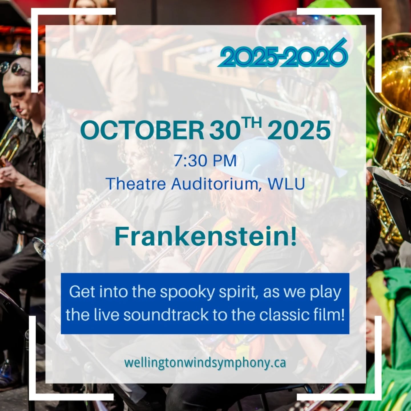 The first of our main concert series for 25-26 is a Halloween event not to be missed!!
Catch the classic 1931 adaptation of Mary Shelley's 'Frankenstein' on the big screen behind us, as we play the soundtrack live!
Plus, it's on the eve of Halloween, so you can still go out for tricks and treats the next evening 🧙🪄
Tickets available soon at:
www.wellingtonwindsymphony.ca